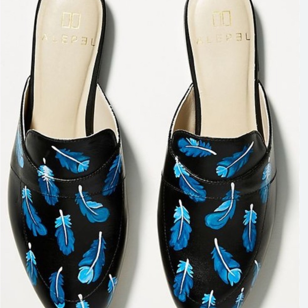 Alepel Black Mules with Blue Feather Design